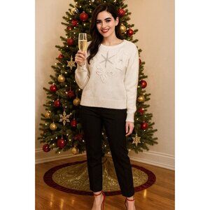 Vintage Andene White Crew Sweater Ugly Christmas Holiday Party Sequin Size Large